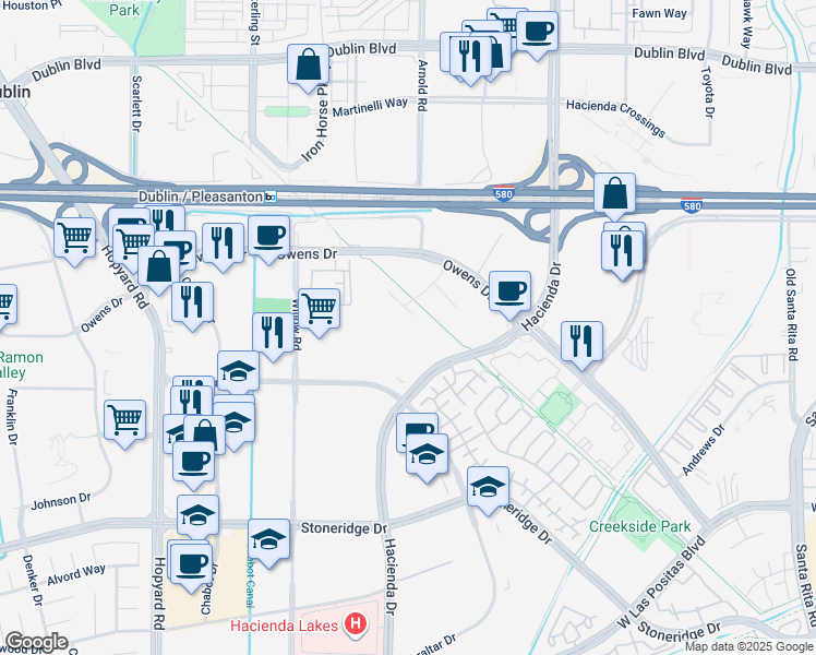 map of restaurants, bars, coffee shops, grocery stores, and more near 4460 Hacienda Drive in Pleasanton
