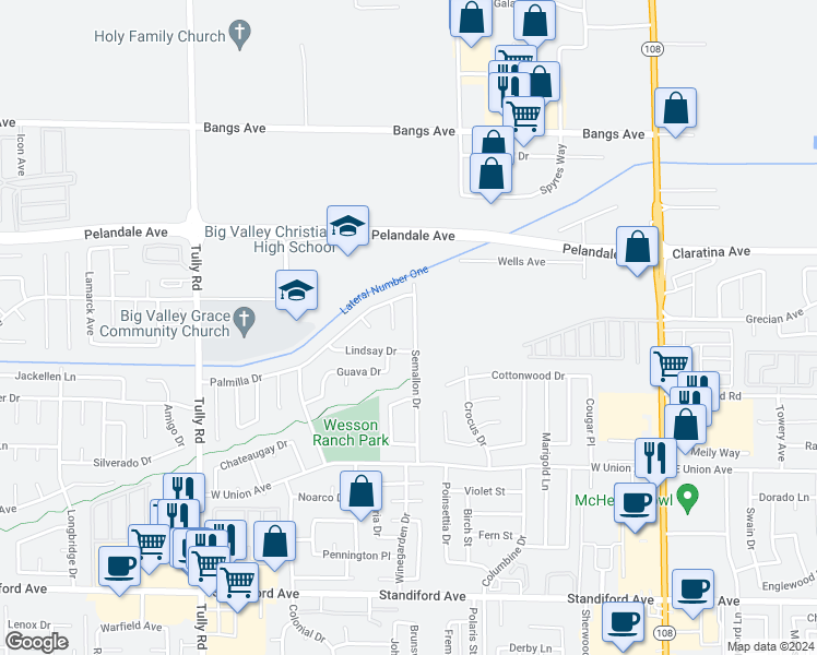 map of restaurants, bars, coffee shops, grocery stores, and more near 4017 Semallon Drive in Modesto