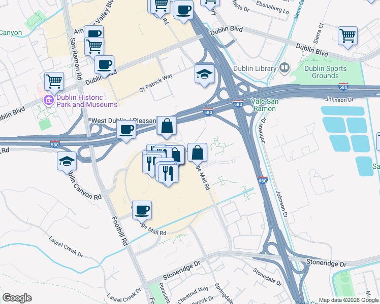 map of restaurants, bars, coffee shops, grocery stores, and more near 6160 Stoneridge Mall Road in Pleasanton