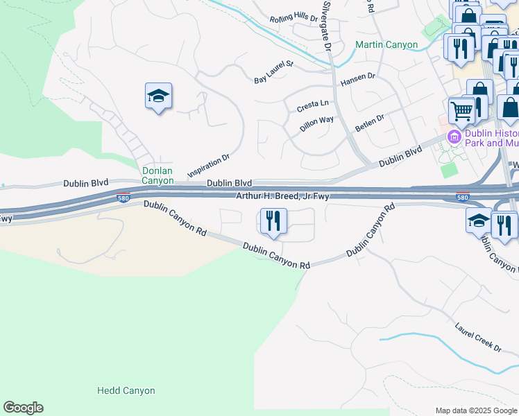 map of restaurants, bars, coffee shops, grocery stores, and more near 7730 Canyon Meadows Circle in Pleasanton