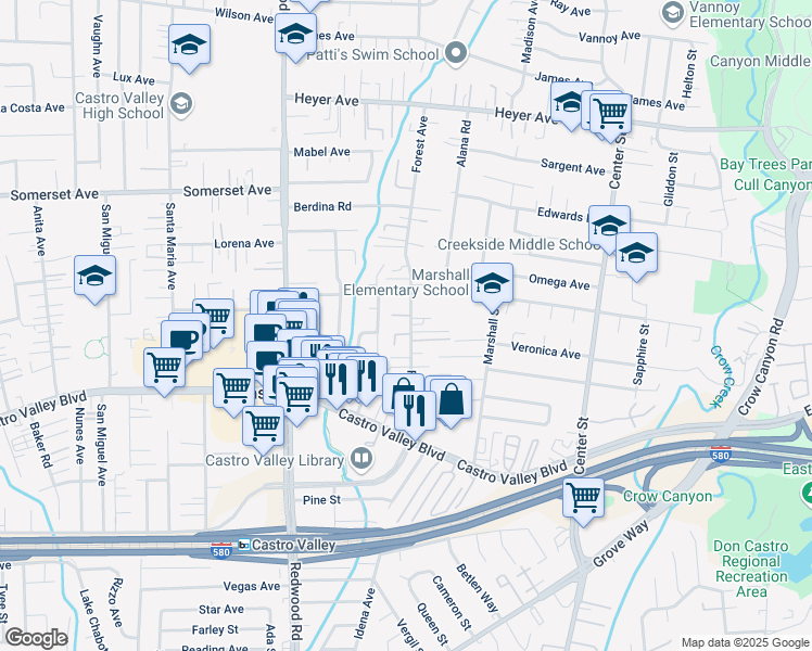 map of restaurants, bars, coffee shops, grocery stores, and more near 20224 Forest Avenue in Castro Valley