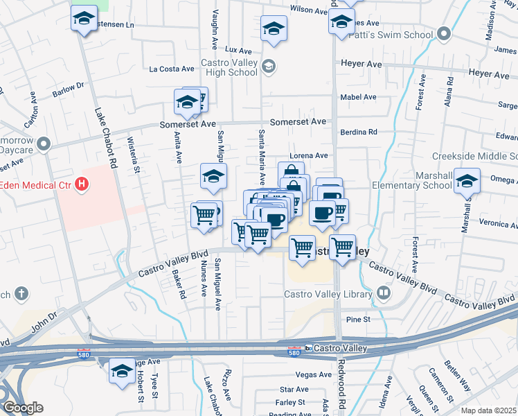map of restaurants, bars, coffee shops, grocery stores, and more near in Castro Valley