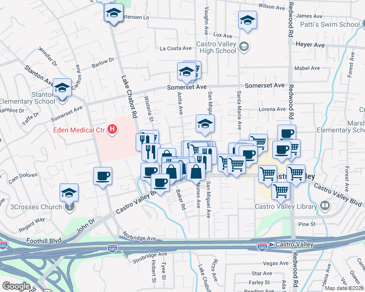 map of restaurants, bars, coffee shops, grocery stores, and more near 20257 Anita Avenue in Castro Valley