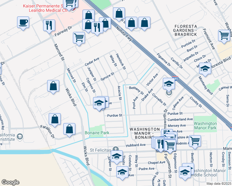map of restaurants, bars, coffee shops, grocery stores, and more near 14629 Acacia Street in San Leandro