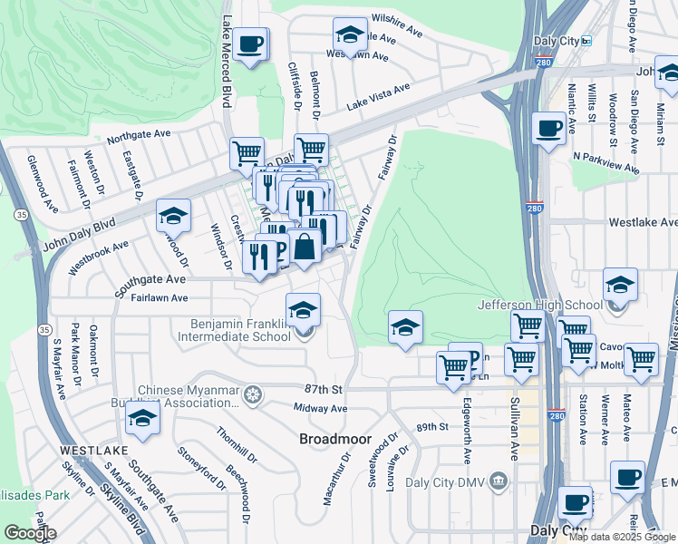 map of restaurants, bars, coffee shops, grocery stores, and more near 33 Southgate Avenue in Daly City
