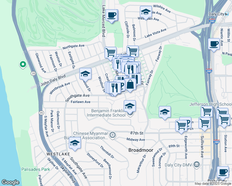 map of restaurants, bars, coffee shops, grocery stores, and more near 360 Lake Merced Boulevard in Daly City