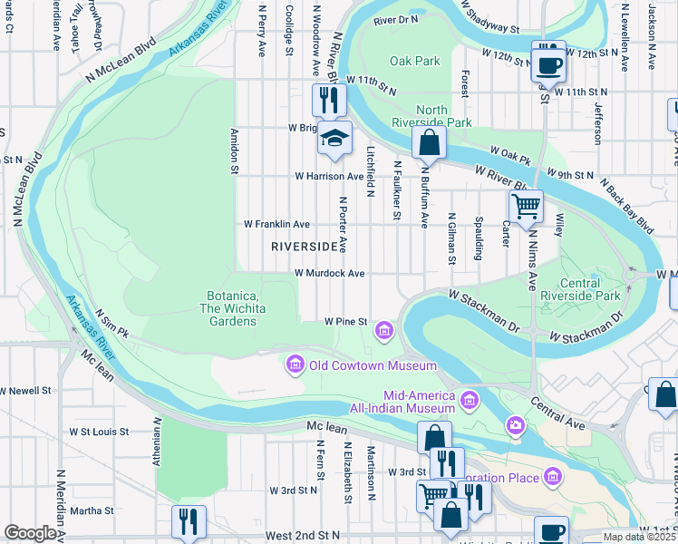 map of restaurants, bars, coffee shops, grocery stores, and more near 810 North Porter Avenue in Wichita