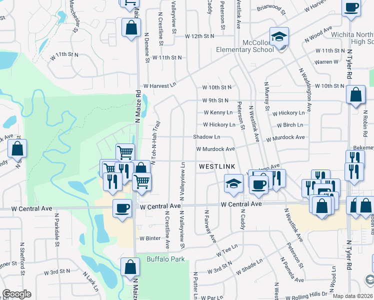 map of restaurants, bars, coffee shops, grocery stores, and more near 901 North Chipper Lane in Wichita