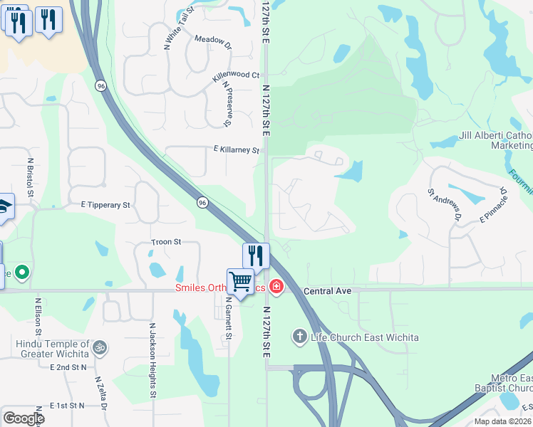 map of restaurants, bars, coffee shops, grocery stores, and more near 711 North 127th Street East in Wichita