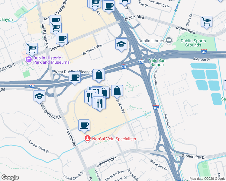 map of restaurants, bars, coffee shops, grocery stores, and more near 6110 Stoneridge Mall Road in Pleasanton
