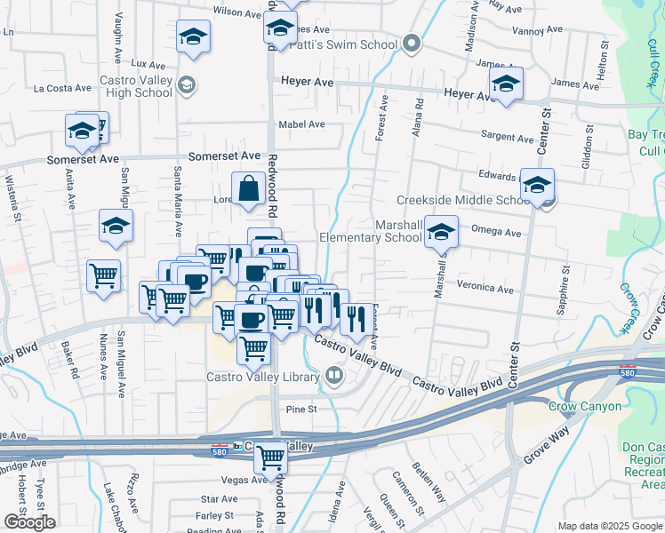 map of restaurants, bars, coffee shops, grocery stores, and more near 20255 Yeandle Avenue in Castro Valley