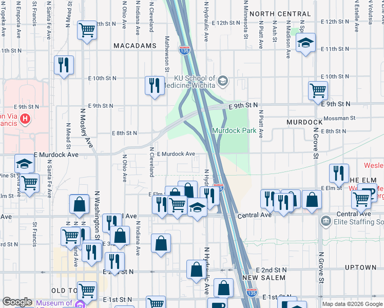 map of restaurants, bars, coffee shops, grocery stores, and more near 1600 E Murdock St in Wichita