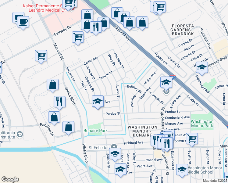 map of restaurants, bars, coffee shops, grocery stores, and more near 14629 Acacia Street in San Leandro