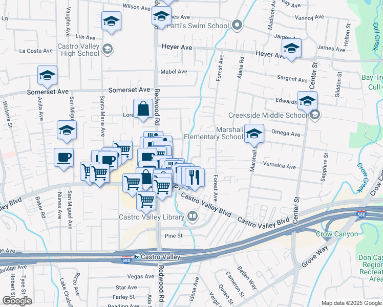 map of restaurants, bars, coffee shops, grocery stores, and more near 20255 Yeandle Avenue in Castro Valley