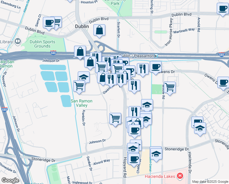 map of restaurants, bars, coffee shops, grocery stores, and more near 5102 Hopyard Road in Pleasanton