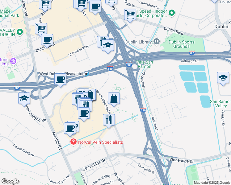 map of restaurants, bars, coffee shops, grocery stores, and more near 6150 Stoneridge Mall Road in Pleasanton