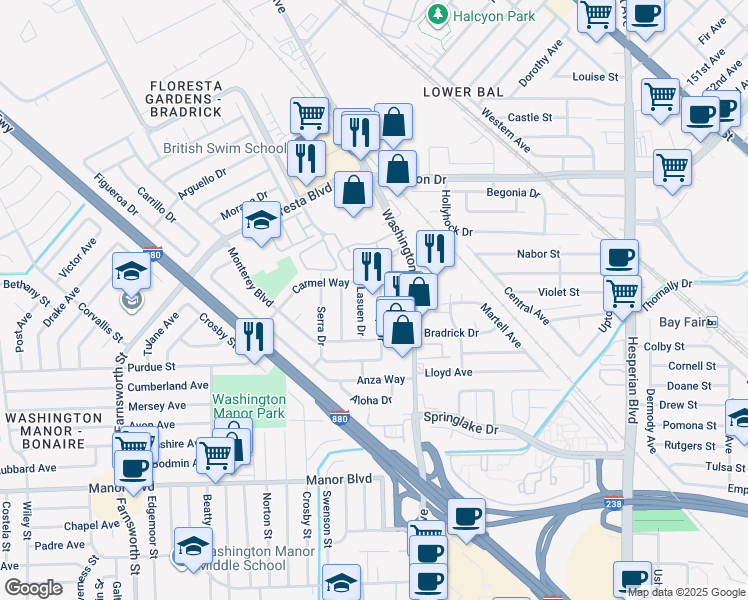 map of restaurants, bars, coffee shops, grocery stores, and more near 829 Crespi Drive in San Leandro