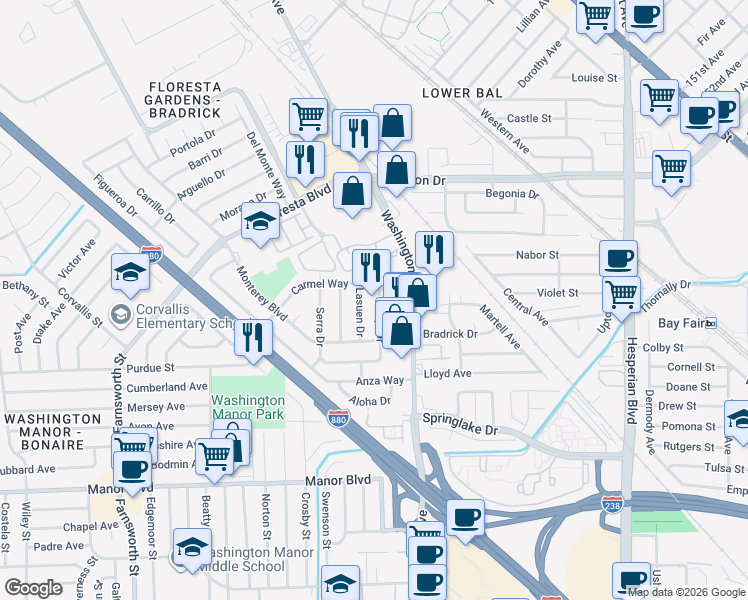 map of restaurants, bars, coffee shops, grocery stores, and more near 829 Crespi Drive in San Leandro