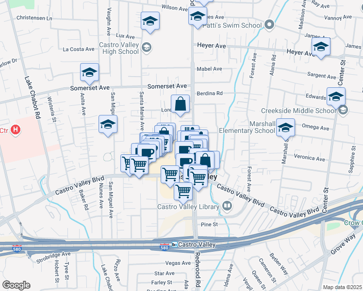 map of restaurants, bars, coffee shops, grocery stores, and more near 3609 Jamison Way in Castro Valley