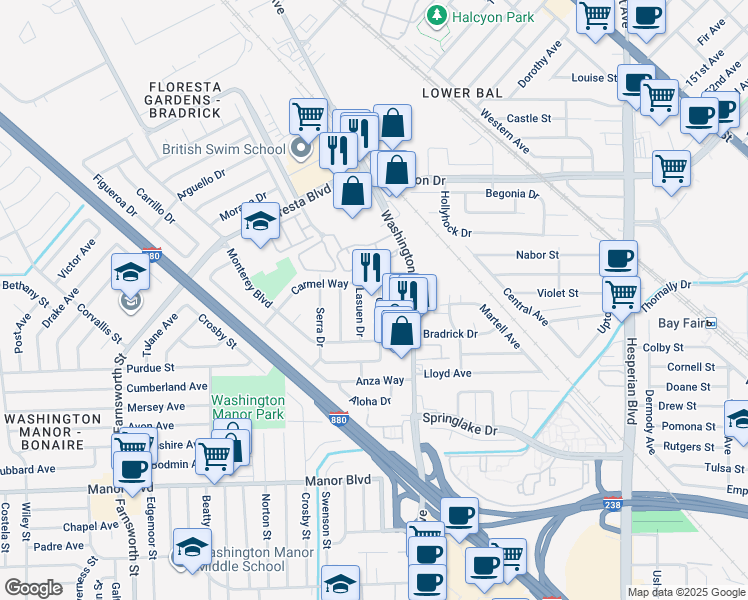 map of restaurants, bars, coffee shops, grocery stores, and more near 829 Crespi Drive in San Leandro