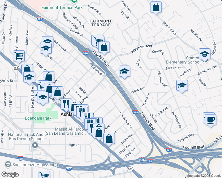 map of restaurants, bars, coffee shops, grocery stores, and more near 1712 Liberty Pointe Way in San Leandro