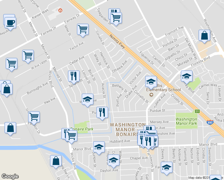 map of restaurants, bars, coffee shops, grocery stores, and more near 14666 Wiley Street in San Leandro