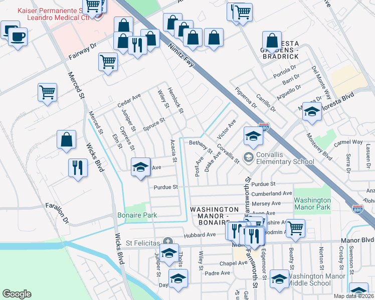 map of restaurants, bars, coffee shops, grocery stores, and more near 14666 Wiley Street in San Leandro