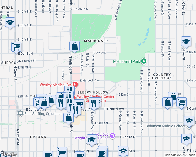 map of restaurants, bars, coffee shops, grocery stores, and more near 3421 East Orchard Avenue in Wichita