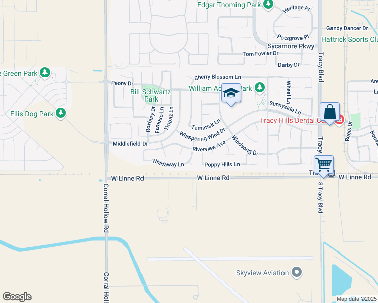 map of restaurants, bars, coffee shops, grocery stores, and more near 1631 Riverview Avenue in Tracy