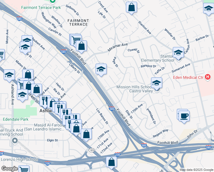 map of restaurants, bars, coffee shops, grocery stores, and more near 16550 Ehle Street in San Leandro