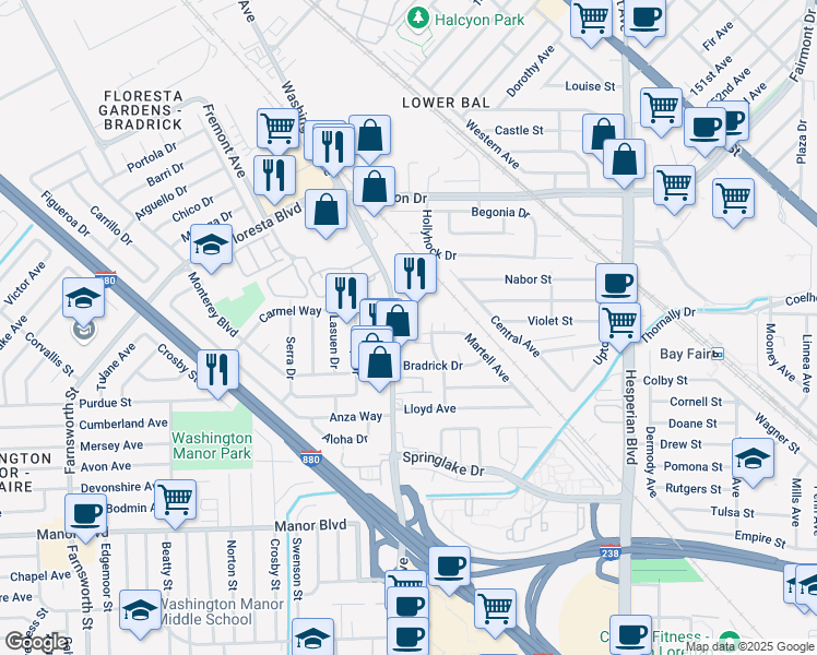map of restaurants, bars, coffee shops, grocery stores, and more near 14766 Washington Avenue in San Leandro