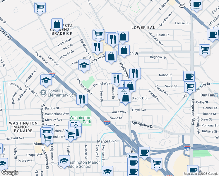 map of restaurants, bars, coffee shops, grocery stores, and more near 3947 Carmel Way in San Leandro