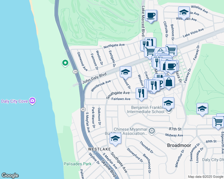 map of restaurants, bars, coffee shops, grocery stores, and more near 66 Clifton Drive in Daly City