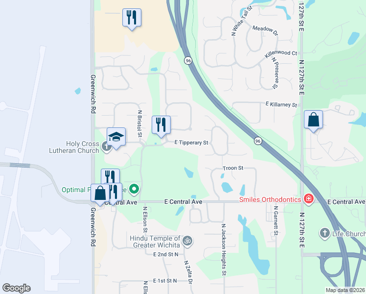 map of restaurants, bars, coffee shops, grocery stores, and more near 11825 East Tipperary Street in Wichita