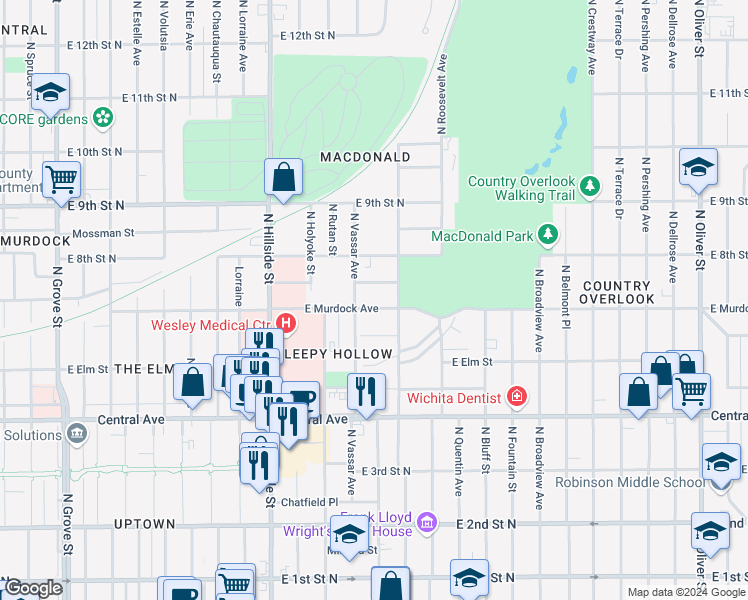 map of restaurants, bars, coffee shops, grocery stores, and more near 3440 East Murdock Street in Wichita