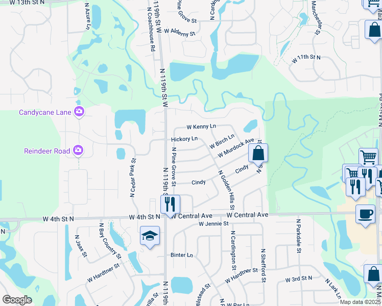 map of restaurants, bars, coffee shops, grocery stores, and more near 11802 W Birch Ln in Wichita