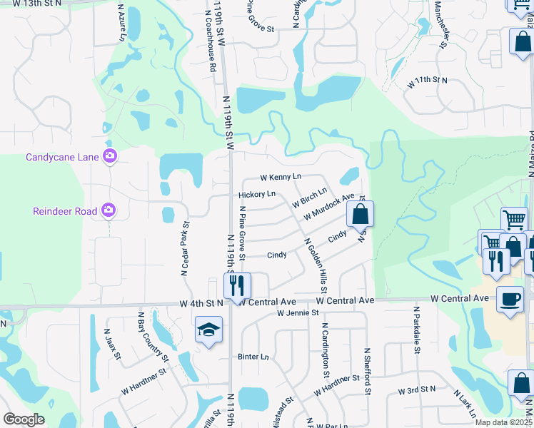 map of restaurants, bars, coffee shops, grocery stores, and more near 11802 W Birch Ln in Wichita