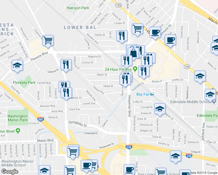 map of restaurants, bars, coffee shops, grocery stores, and more near 470 Violet Street in San Leandro