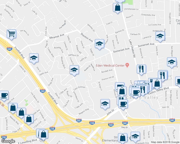 map of restaurants, bars, coffee shops, grocery stores, and more near 19808 John Drive in Castro Valley