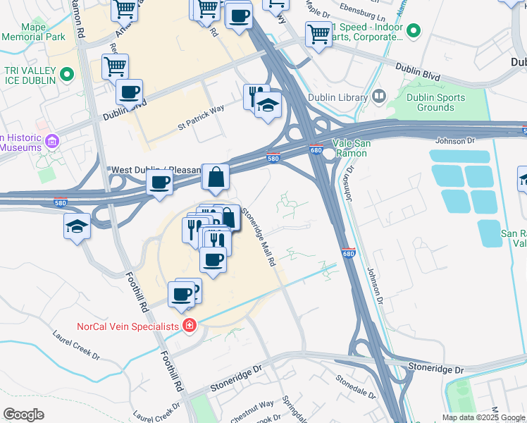 map of restaurants, bars, coffee shops, grocery stores, and more near 6160 Stoneridge Mall Road in Pleasanton