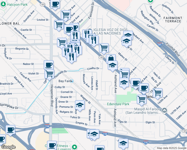 map of restaurants, bars, coffee shops, grocery stores, and more near 893 Linnea Avenue in San Lorenzo