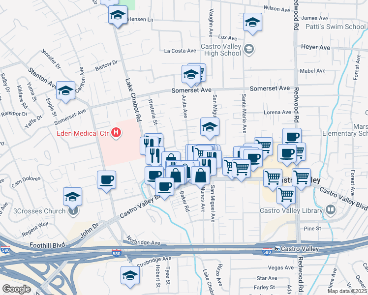 map of restaurants, bars, coffee shops, grocery stores, and more near 20259 Anita Avenue in Castro Valley