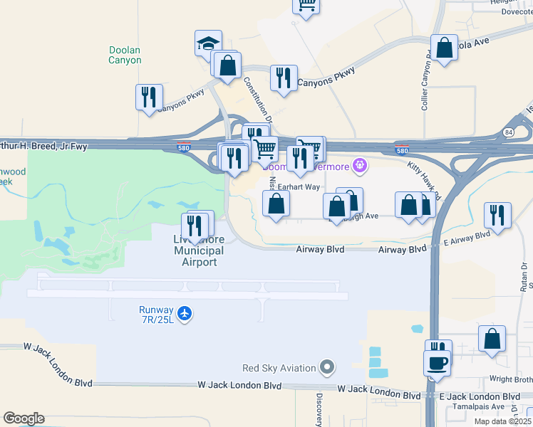 map of restaurants, bars, coffee shops, grocery stores, and more near 2310 Nissen Drive in Livermore