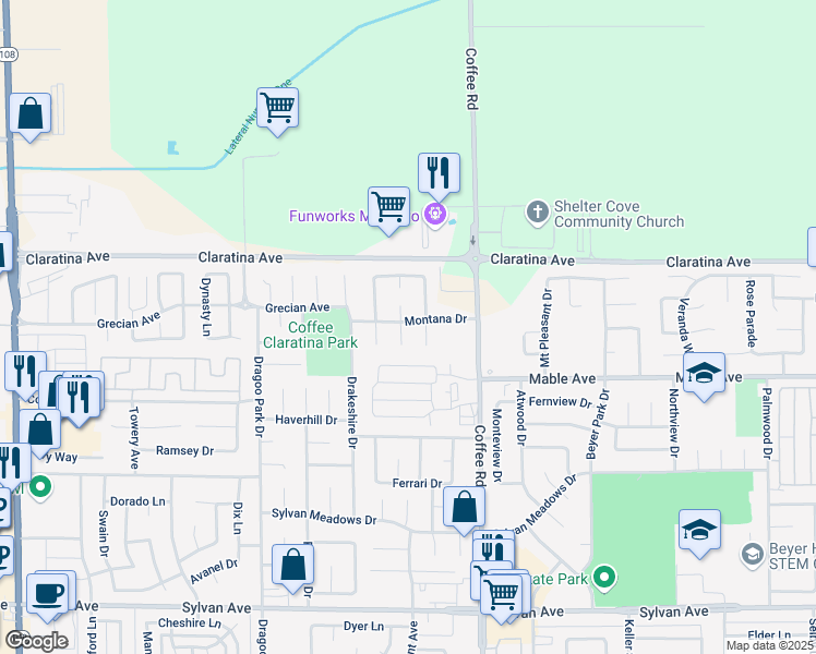 map of restaurants, bars, coffee shops, grocery stores, and more near 4120 Retreat Court in Modesto