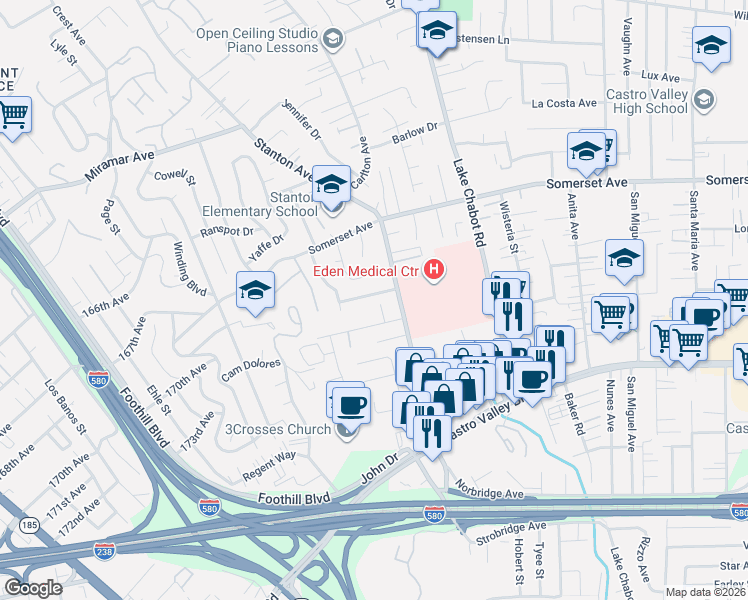 map of restaurants, bars, coffee shops, grocery stores, and more near 2553 Nordell Avenue in Castro Valley