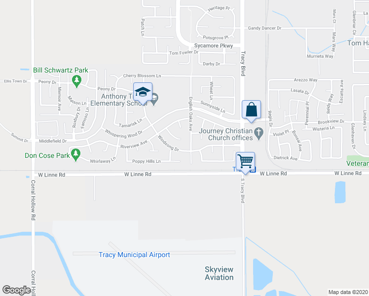 map of restaurants, bars, coffee shops, grocery stores, and more near 1131 Windsong Drive in Tracy