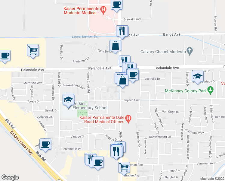 map of restaurants, bars, coffee shops, grocery stores, and more near 4025 Dale Road in Modesto