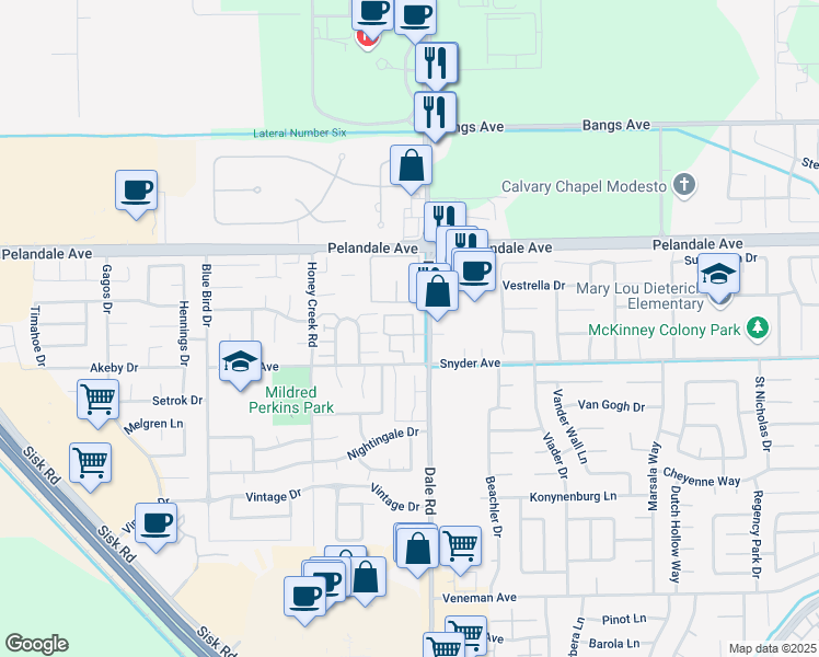 map of restaurants, bars, coffee shops, grocery stores, and more near 4021 Dale Road in Modesto