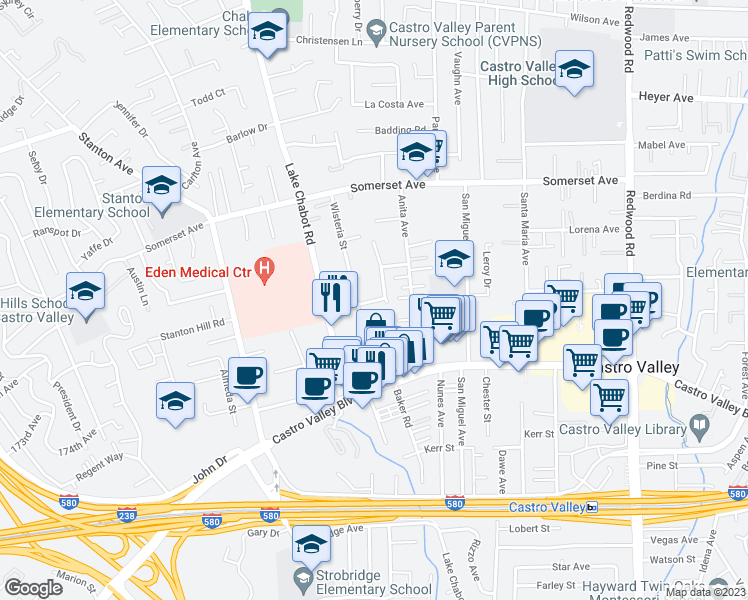 map of restaurants, bars, coffee shops, grocery stores, and more near 2792 Ganic Street in Castro Valley