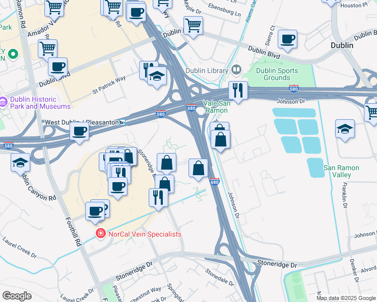 map of restaurants, bars, coffee shops, grocery stores, and more near 6140 Stoneridge Mall Road in Pleasanton